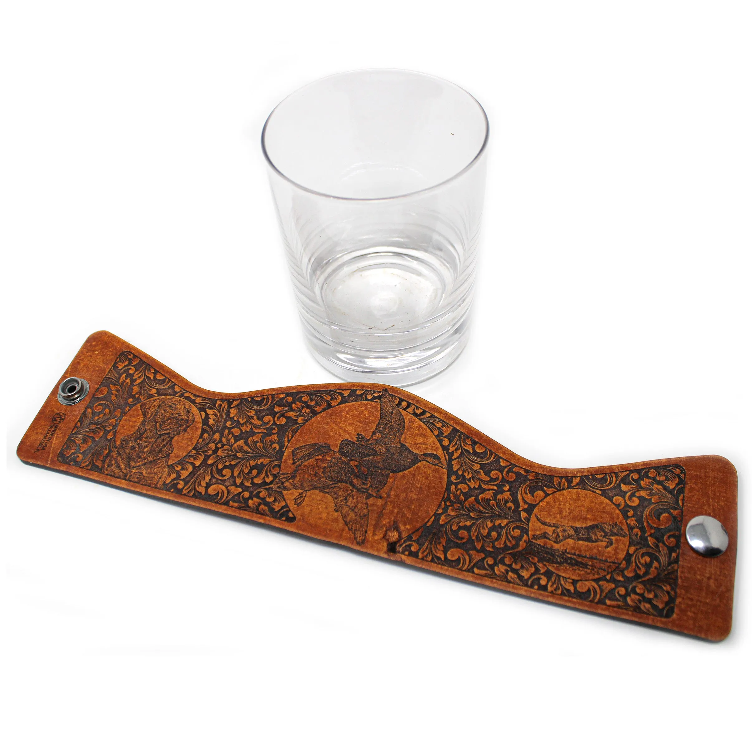 Whiskey Glass Leather Wrap - Mallards Bird Dog Rocks Glass