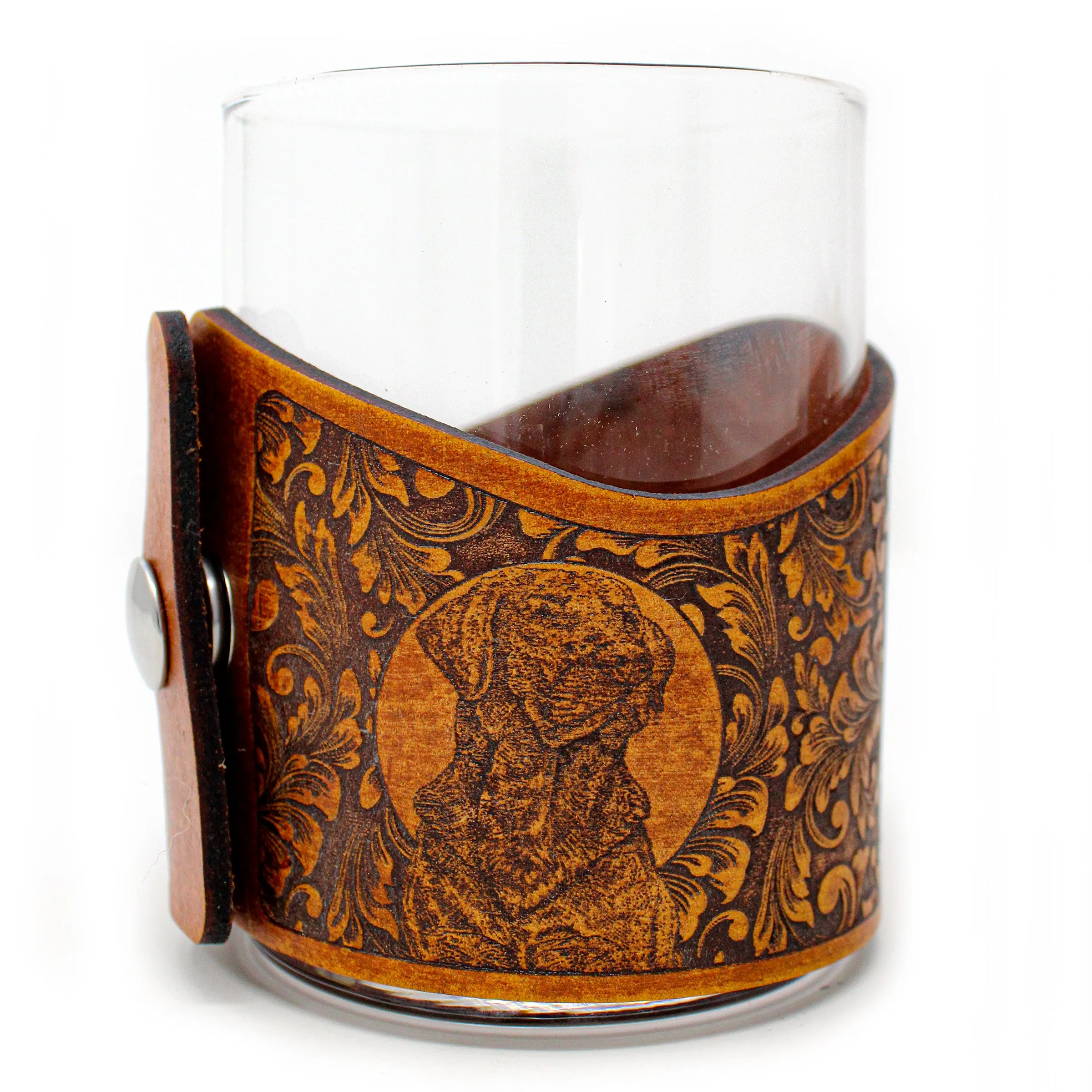 Whiskey Glass Leather Wrap - Mallards Bird Dog Rocks Glass