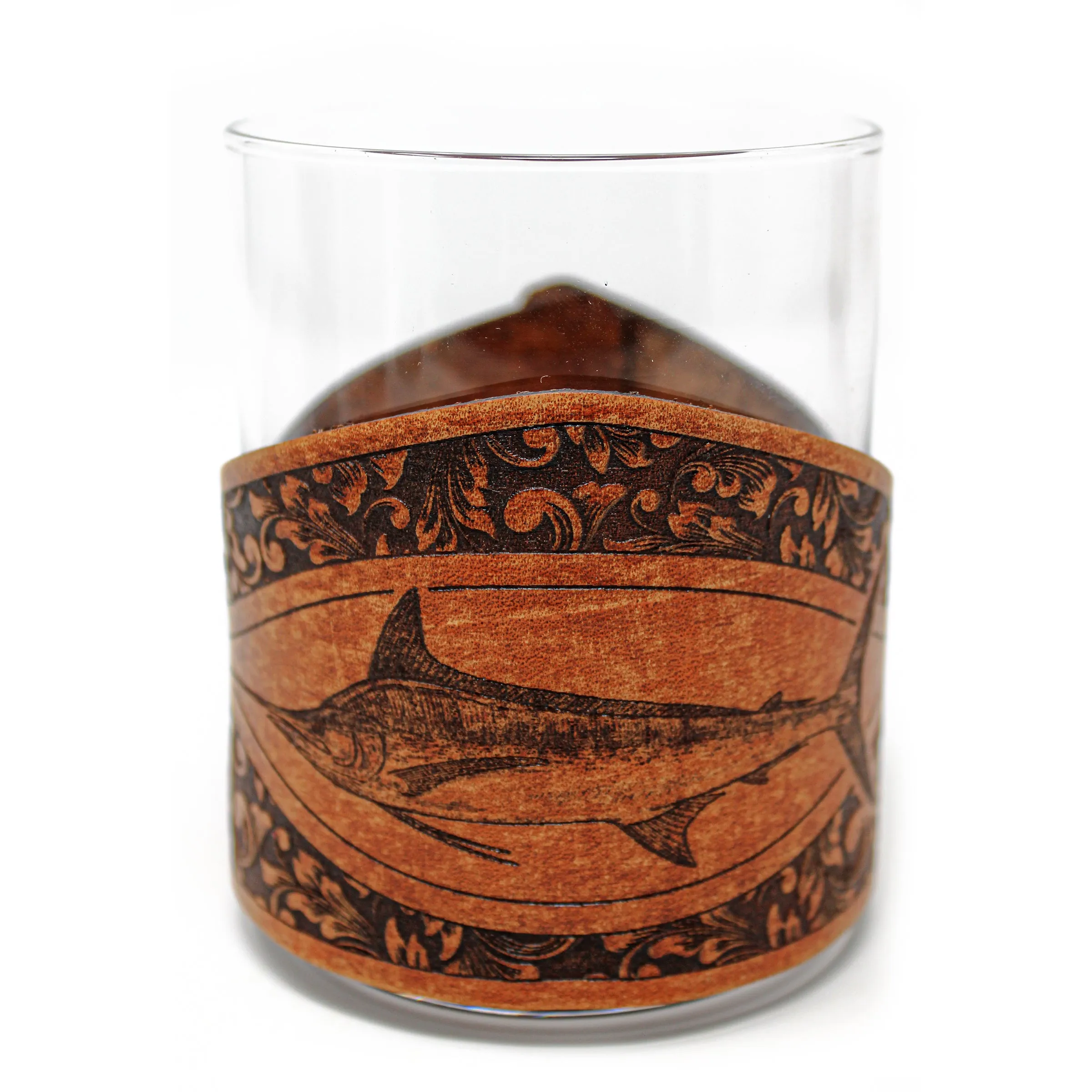 Whiskey Glass Leather Wrap - Marlin Rocks Glass