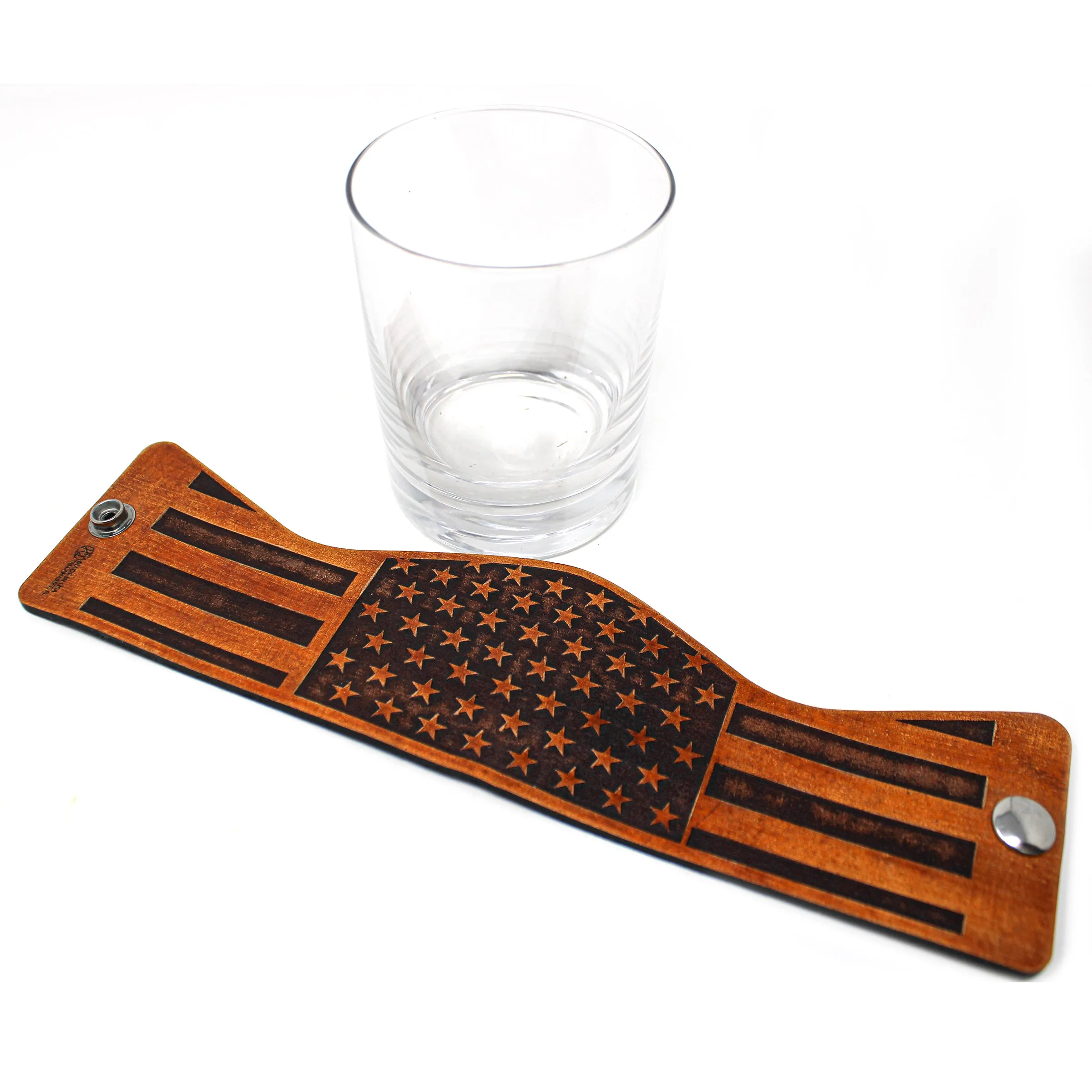 Whiskey Glass Leather Wrap - Stars and Bars Horizontal Rocks Glass