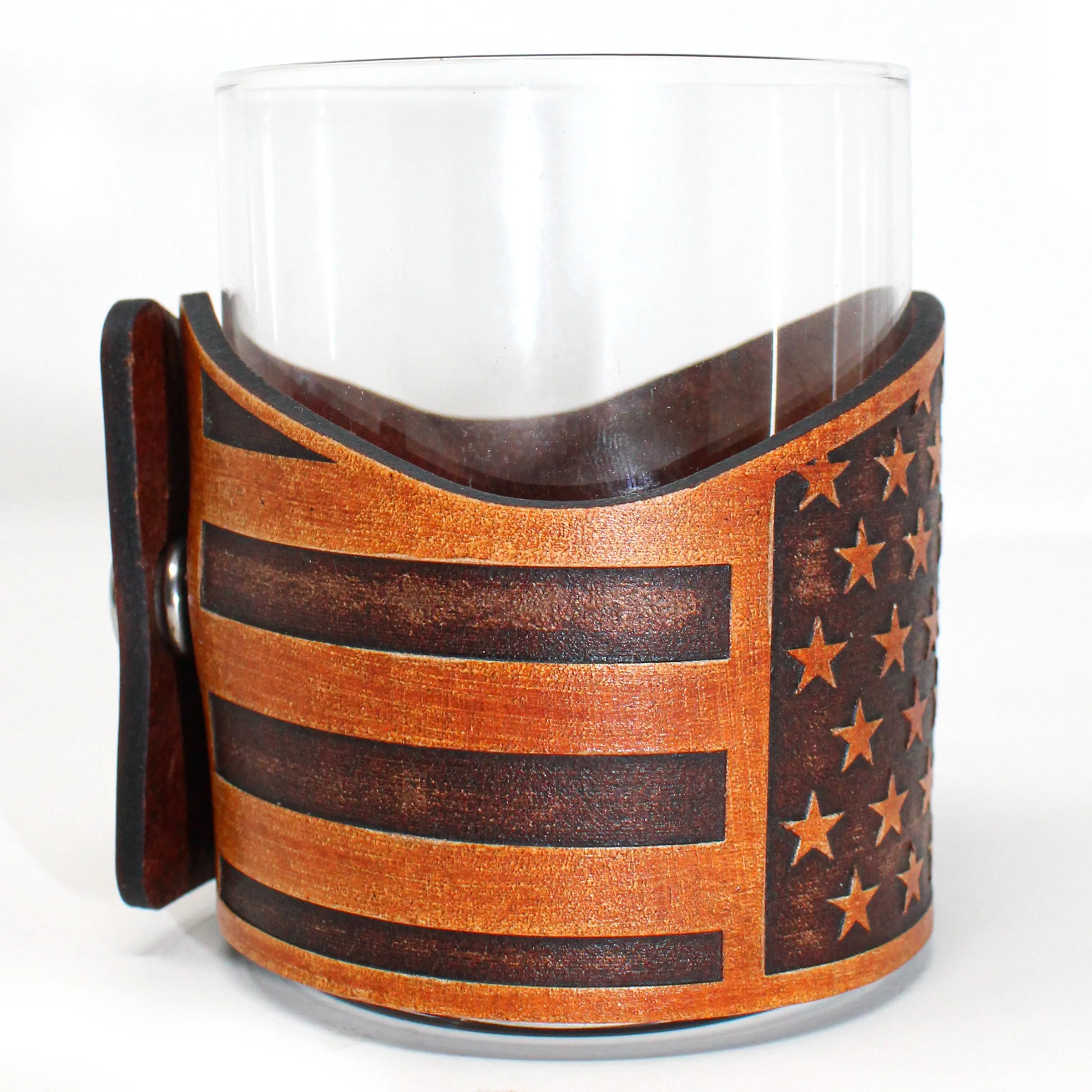 Whiskey Glass Leather Wrap - Stars and Bars Horizontal Rocks Glass