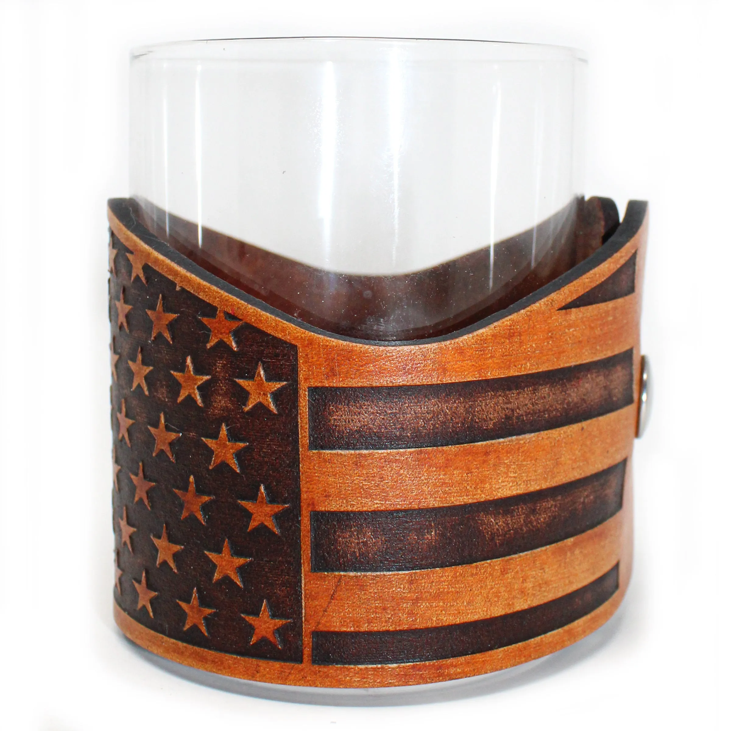 Whiskey Glass Leather Wrap - Stars and Bars Horizontal Rocks Glass