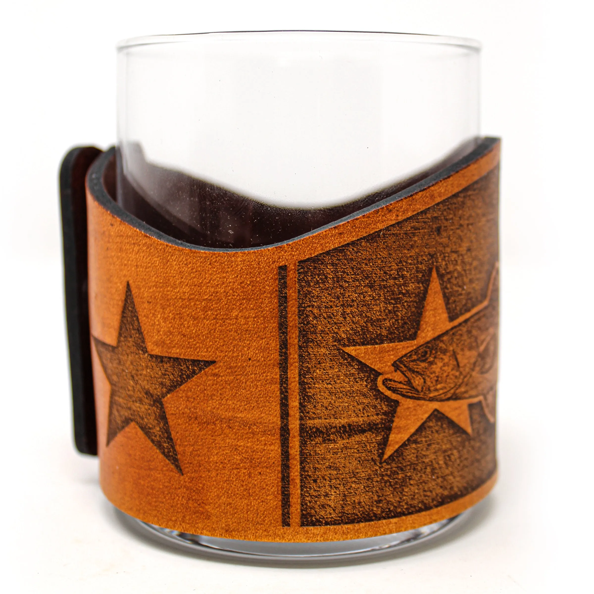 Whiskey Glass Leather Wrap - TX Flag Inshore Set