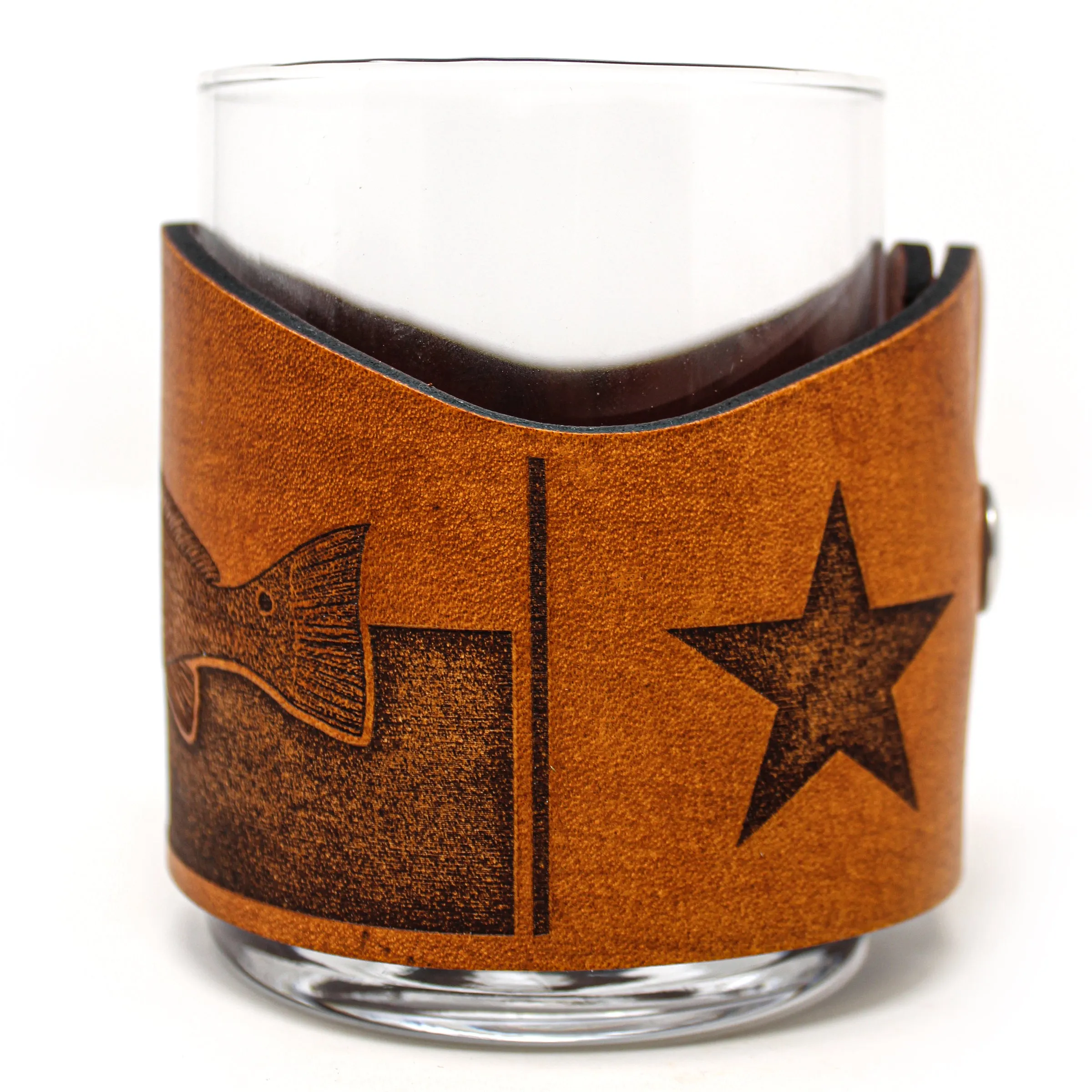 Whiskey Glass Leather Wrap - TX Flag Inshore Set