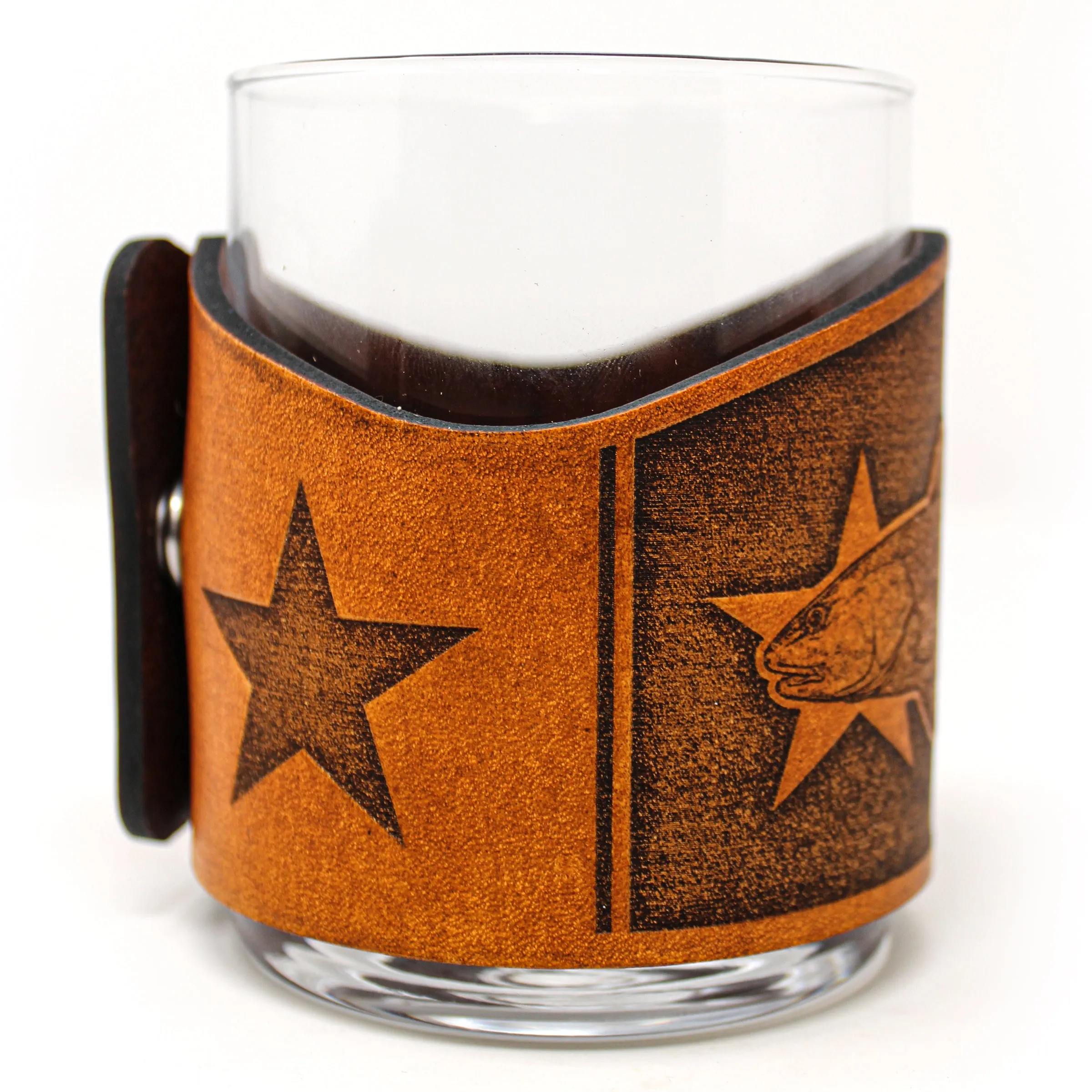 Whiskey Glass Leather Wrap - TX Flag Inshore Set